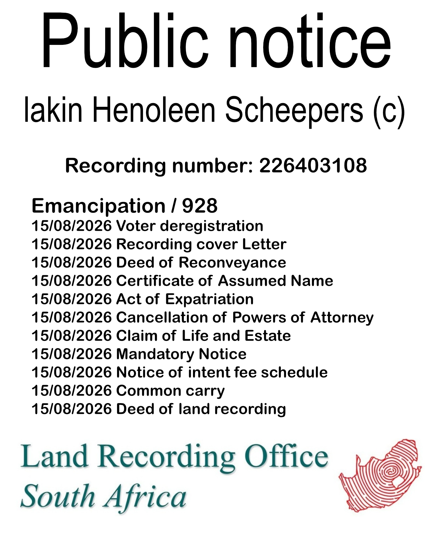 Public notice lakin Henoleen Scheepers Recording number 226403108